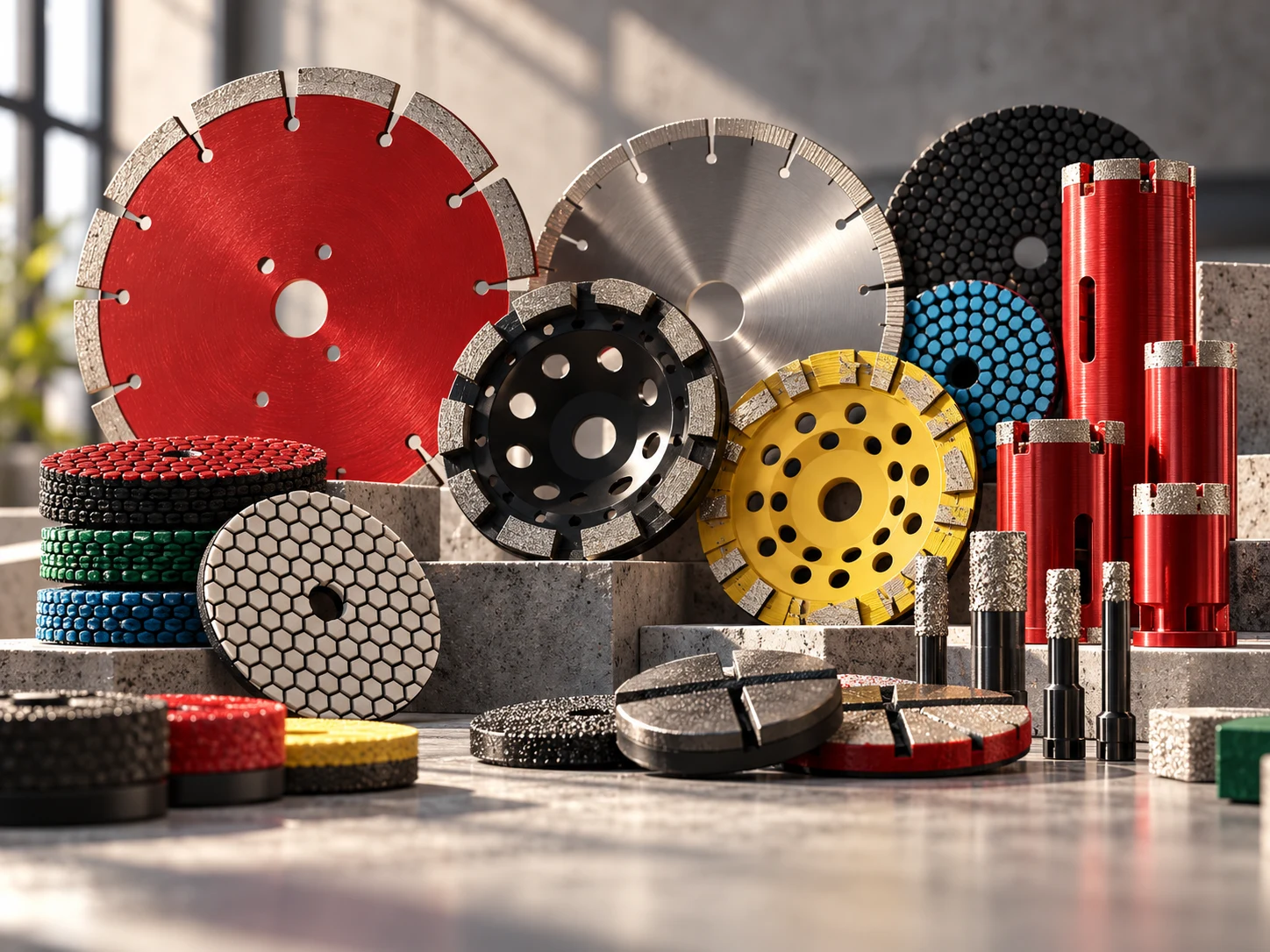 Concept arrangement of diamond blades, grinding wheels and core drill bits